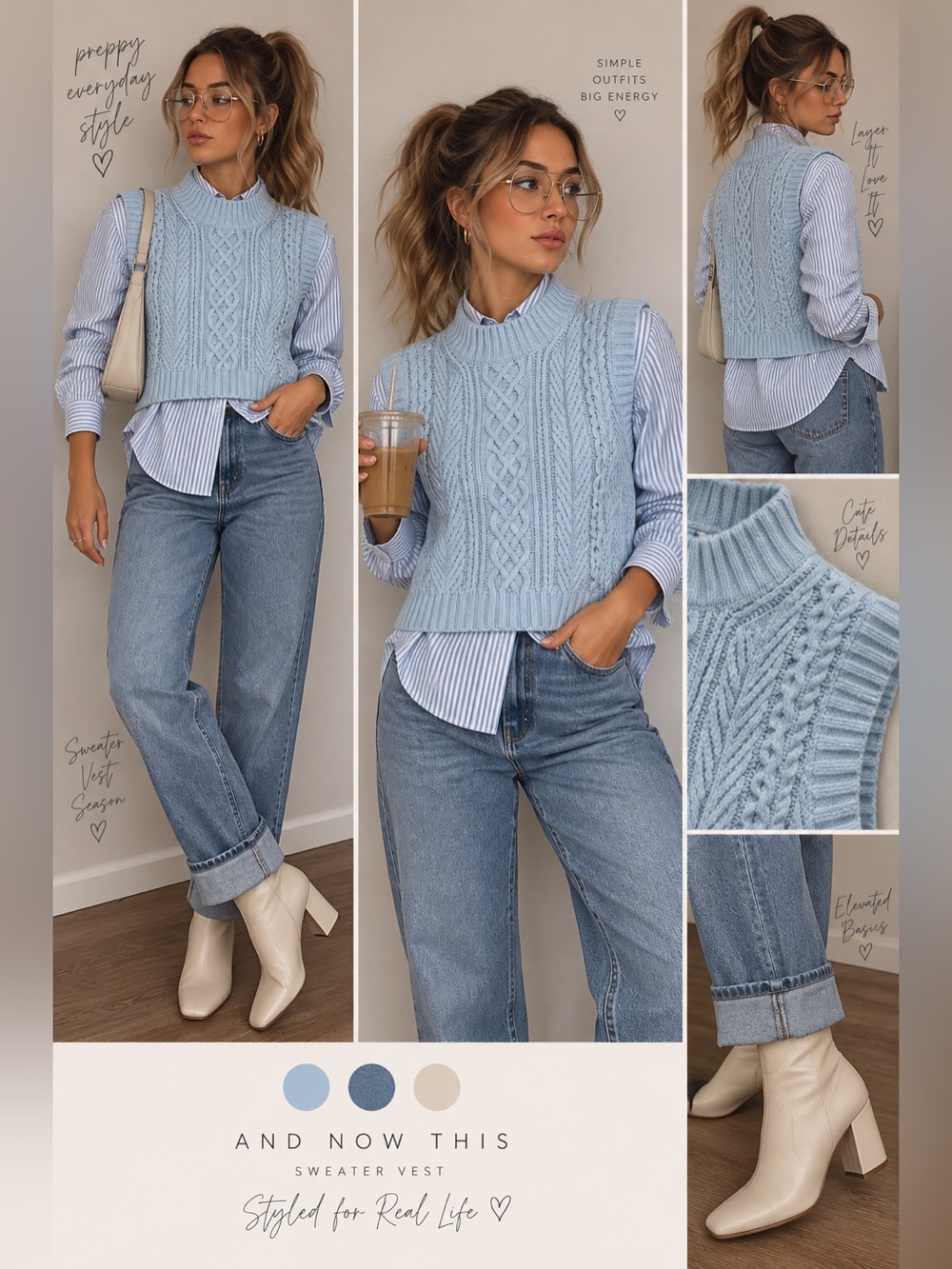 And Now This Cable Knit Sweater Vest Mock Neck Sleeveless Light Blue Size S